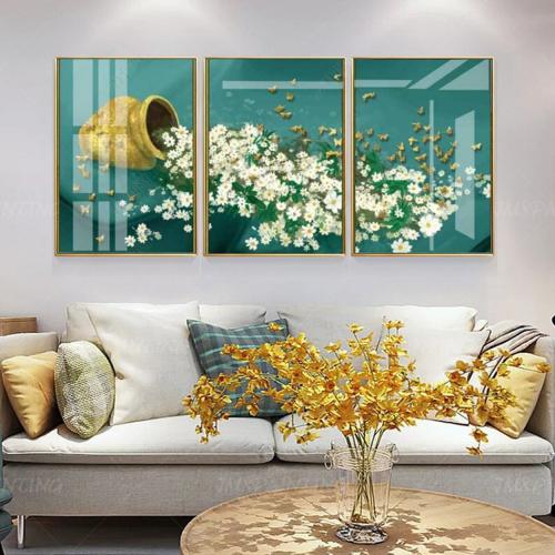 Bộ 3 tranh treo tường hoa cúc nghệ thuật trang trí phòng khách