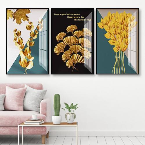 Bộ tranh hoa lá 3D vàng trang trí phòng khách