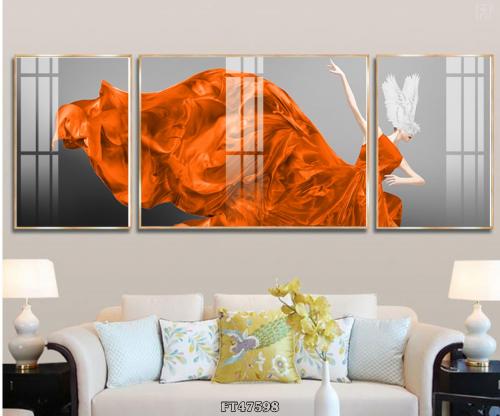 Bộ 3 tranh tráng gương cô gái bồ câu váy cam