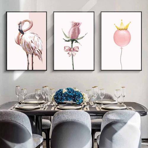 Bộ 3 tranh digital chim hồng hạc, hoa hồng và bóng bay