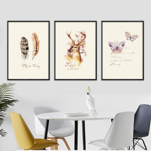 Tranh hươu, lông vũ và bướm phong cách digital nghệ thuật