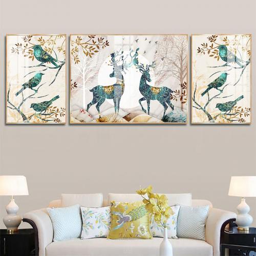 Bộ 3 tranh hươu và chim xanh trang trí phòng khách hiện đại