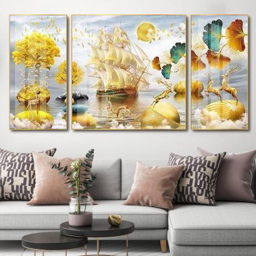 Bộ 3 tranh thuyền buồm vàng phong thủy đẹp