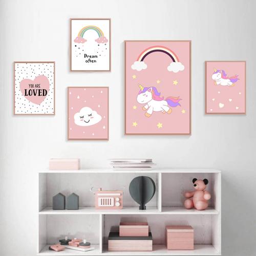 Bộ 5 tranh kỳ lân đáng yêu màu hồng trắng trang trí phòng bé gái