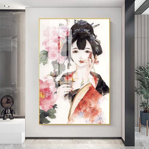 Tranh treo tường cô gái Nhật Bản và hoa mẫu đơn