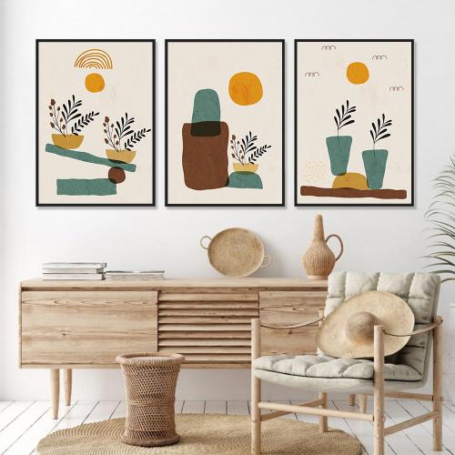 Bộ 3 tranh minimalist những chậu cây và mặt trời