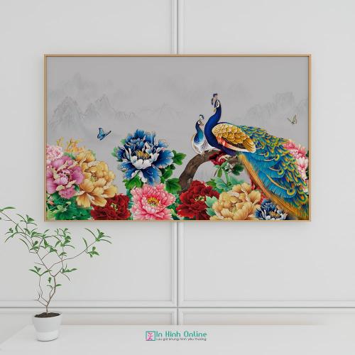 Tranh đôi chim công và hoa mẫu đơn