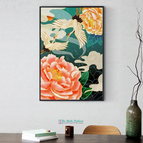 Tranh hạc và hoa mẫu đơn