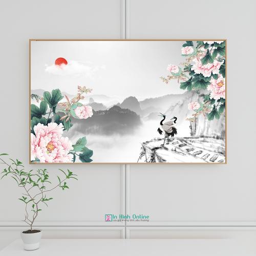 Tranh tiên hạc hoa mẫu đơn