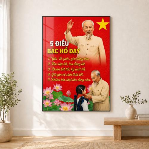 Bộ 3 Tranh Decor Quốc Khánh 2/9 5 điều Bác Hồ dạy