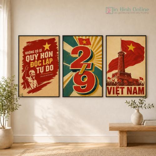 Bộ 3 Tranh Decor Quốc Khánh 2/9 cột cờ Việt Nam