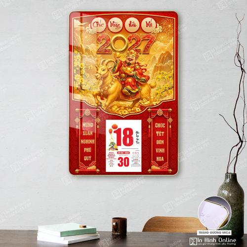 Mẫu đốc lịch Tết 2027 Thần Tài cưỡi dê vàng tài lộc