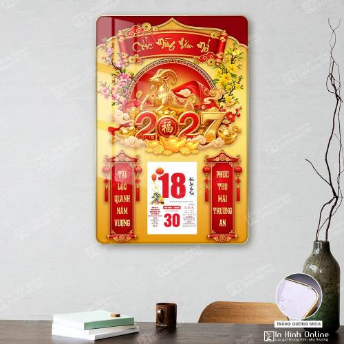 Tranh đốc lịch tráng gương Tết 2027 Dê vàng thiết kế đỏ vàng sang trọng