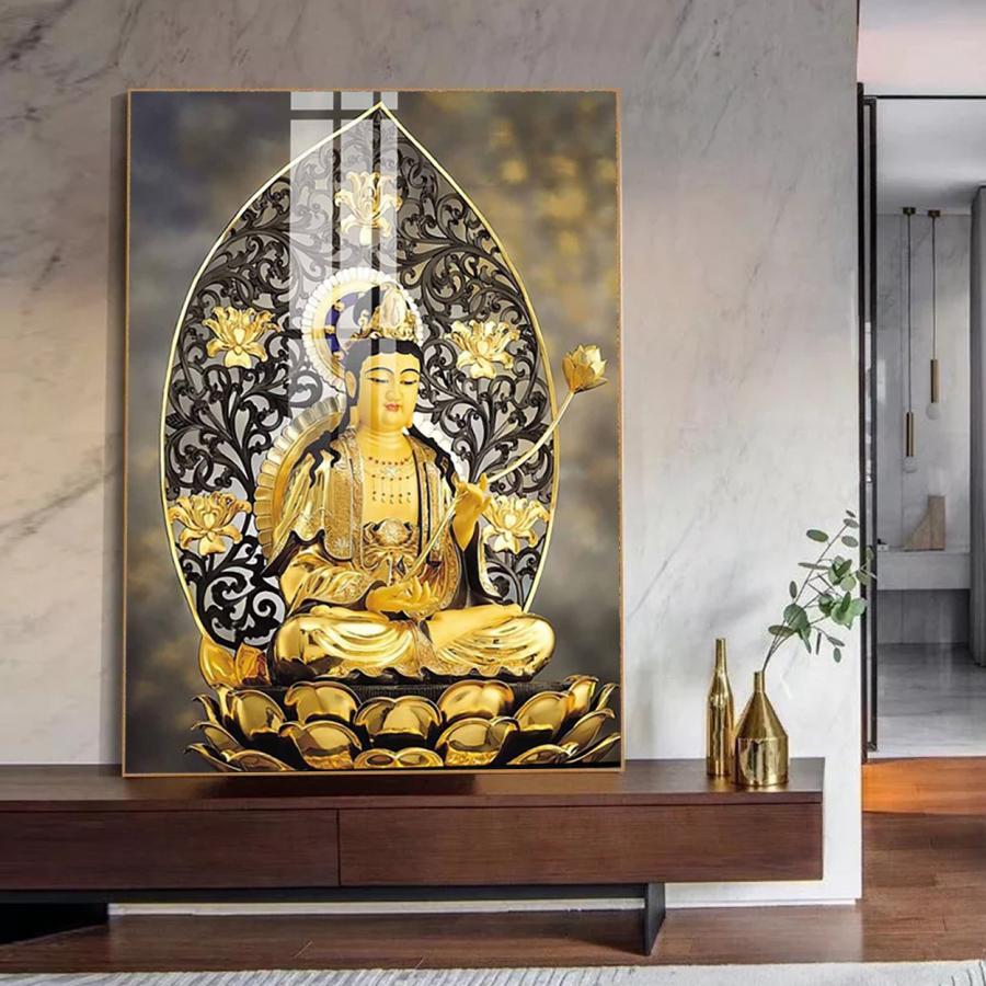 Tranh Phật Bà Quan Âm màu vàng sang trọng, trang nghiêm