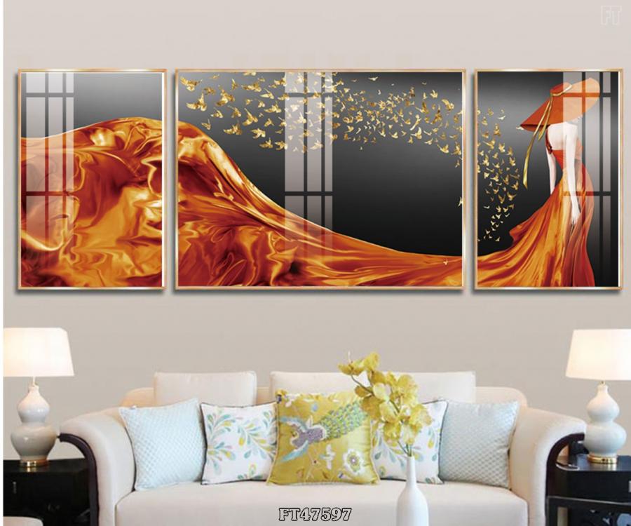 Bộ 3 tranh tráng gương cô gái váy cam nghệ thuật