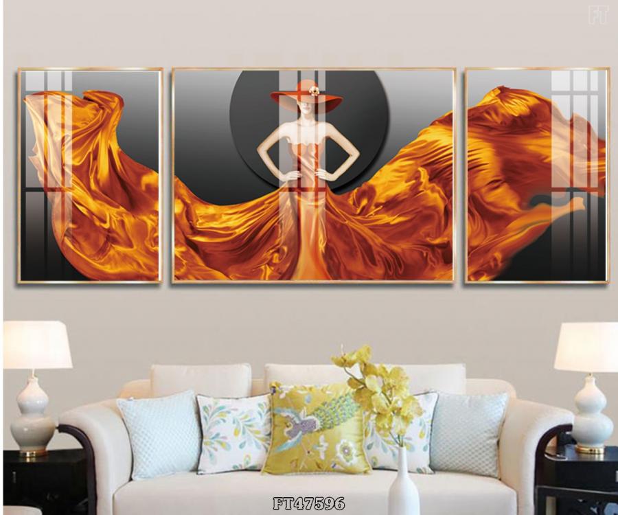 Bộ 3 tranh cô gái váy cam nghệ thuật