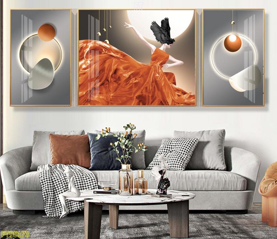 Bộ 3 tranh nghệ thuật trừu tượng cô gái váy cam