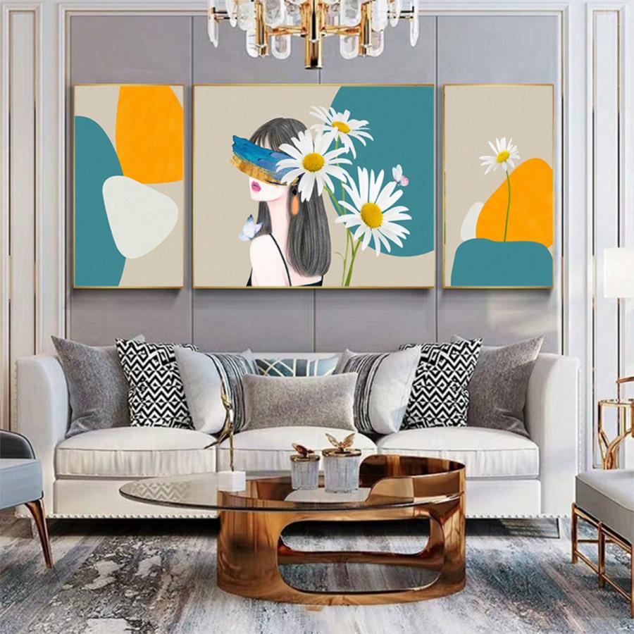 Tranh tráng gương nghệ thuật cô gái và hoa cúc trắng