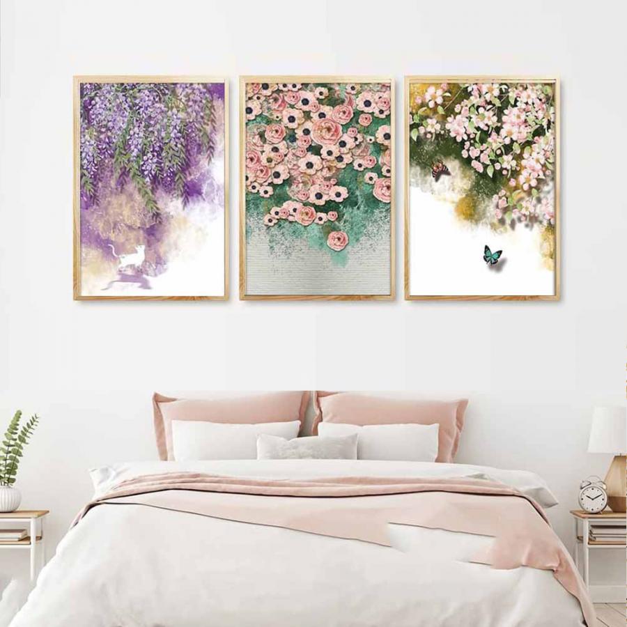 Bộ 3 tranh hoa màu nước nhẹ nhàng treo đầu giường
