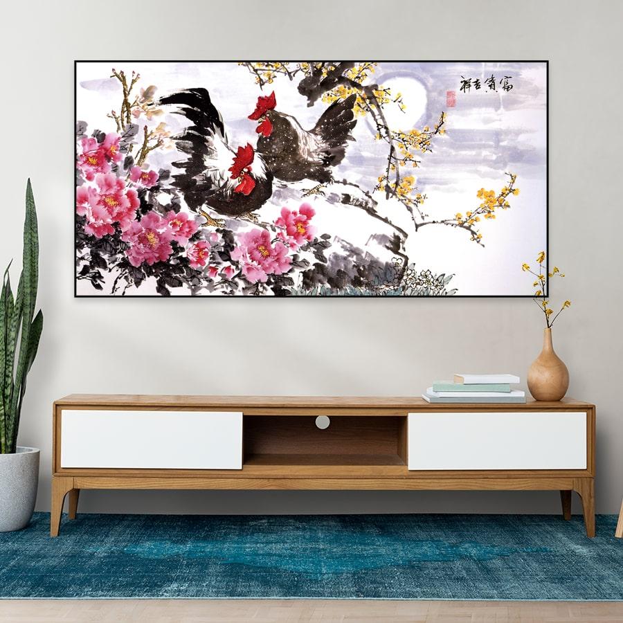 Tranh thư pháp gà trống và hoa mẫu đơn