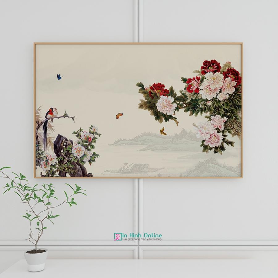 Mẫu tranh phong cảnh chim trĩ và hoa mẫu đơn