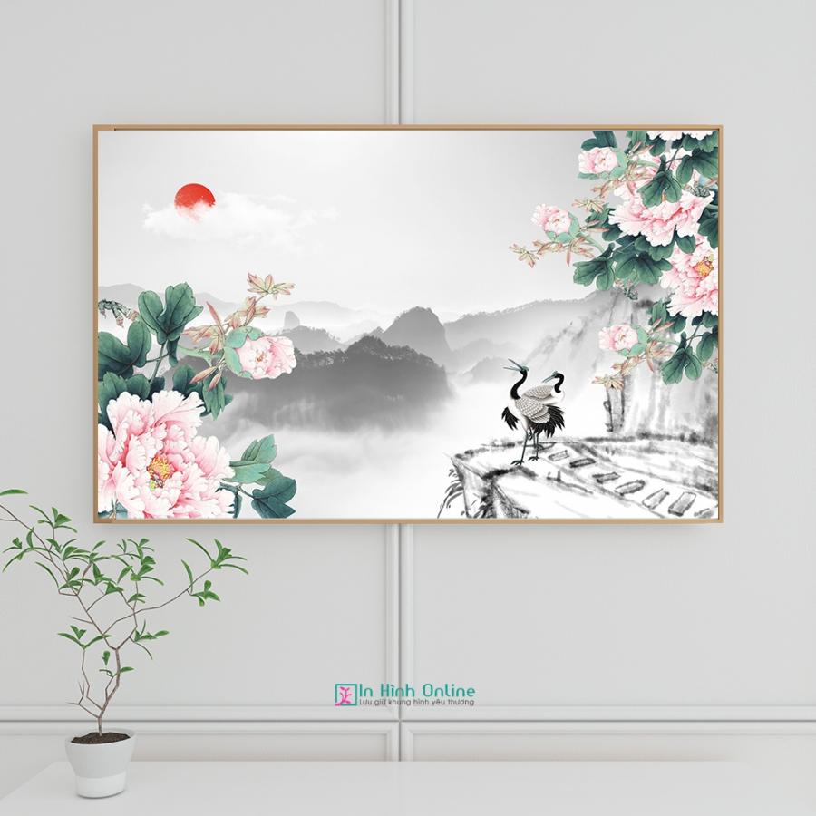 Tranh tiên hạc hoa mẫu đơn