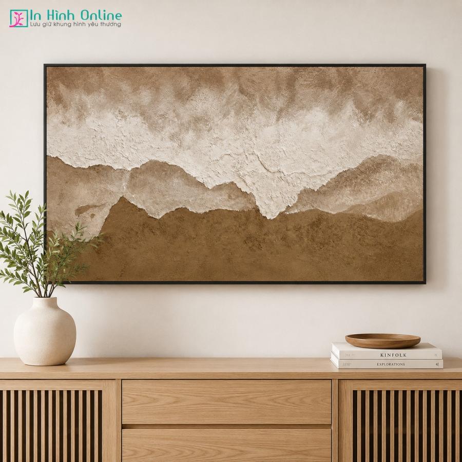 Tranh trừu tượng vân đá màu nâu be decor phòng khách hiện đại