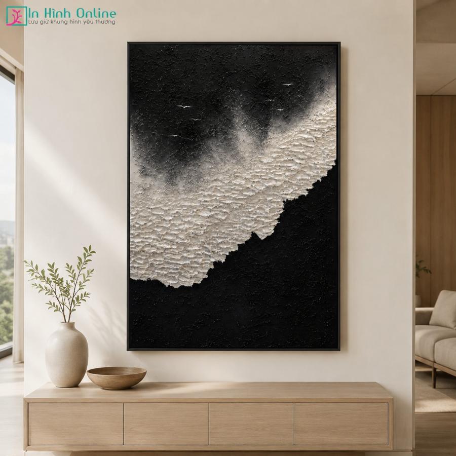 Tranh trừu tượng đen trắng vân nổi decor phòng khách hiện đại