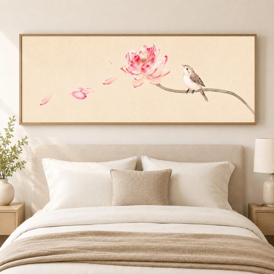 Tranh Hoa Sen Hồng Và Chim Nhỏ Treo Phòng Ngủ