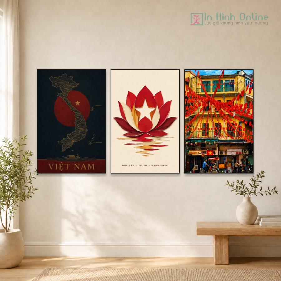 Bộ 3 Tranh Decor Quốc Khánh 2/9 Độc Lập Tự Do Hạnh Phúc