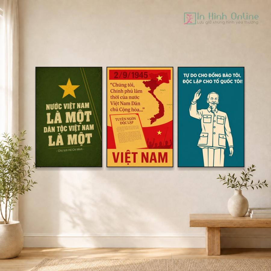 Bộ 3 Tranh Decor Quốc Khánh 2/9 ảnh Bác Hồ